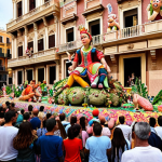 **

A vibrant scene of Las Fallas in Valencia, Spain. Monumental "ninots" (papier-mâché figures) are being erected in a city square. Focus on the colorful artistry and scale of the figures, with people in the background observing the "Plantà." Capture the excitement and energy of the event.

**