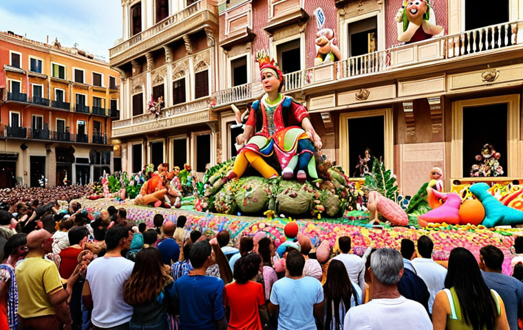**
A vibrant scene of Las Fallas in Valencia, Spain. Monumental "ninots" (papier-mâché figures) are being erected in a city square. Focus on the colorful artistry and scale of the figures, with people in the background observing the "Plantà." Capture the excitement and energy of the event.
**