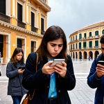 **

A group of discouraged young adults in Valencia, Spain, looking at their phones/tablets displaying job search websites. Background shows modern architecture mixed with traditional buildings, symbolizing a blend of potential and stagnation. Overcast lighting to convey a sense of hopelessness.

**